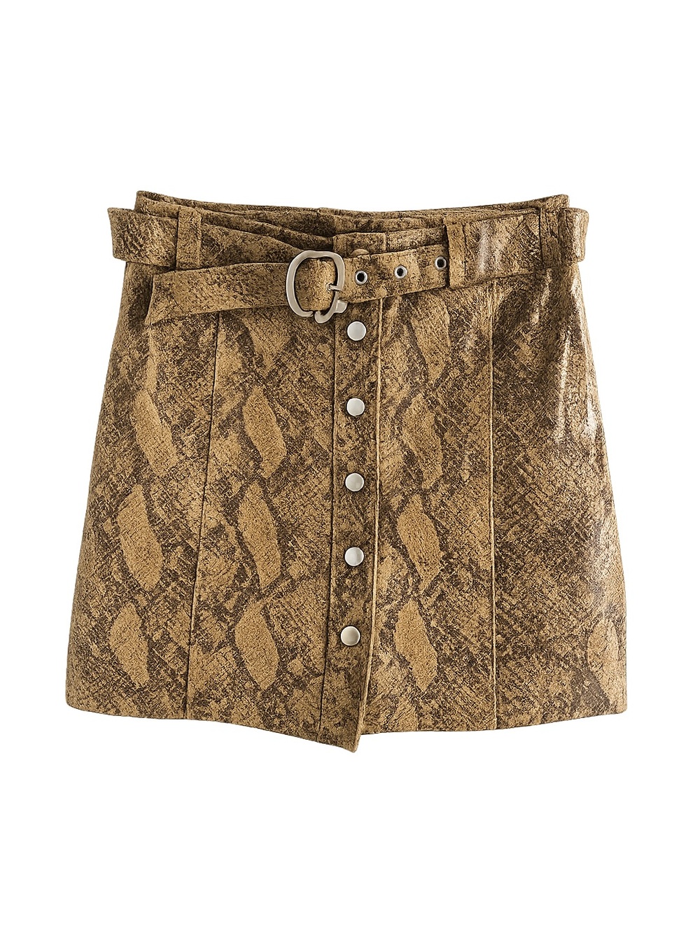 Zara 100% Leather Brown Snakeskin Print Belted Mini Skirt - Size XS